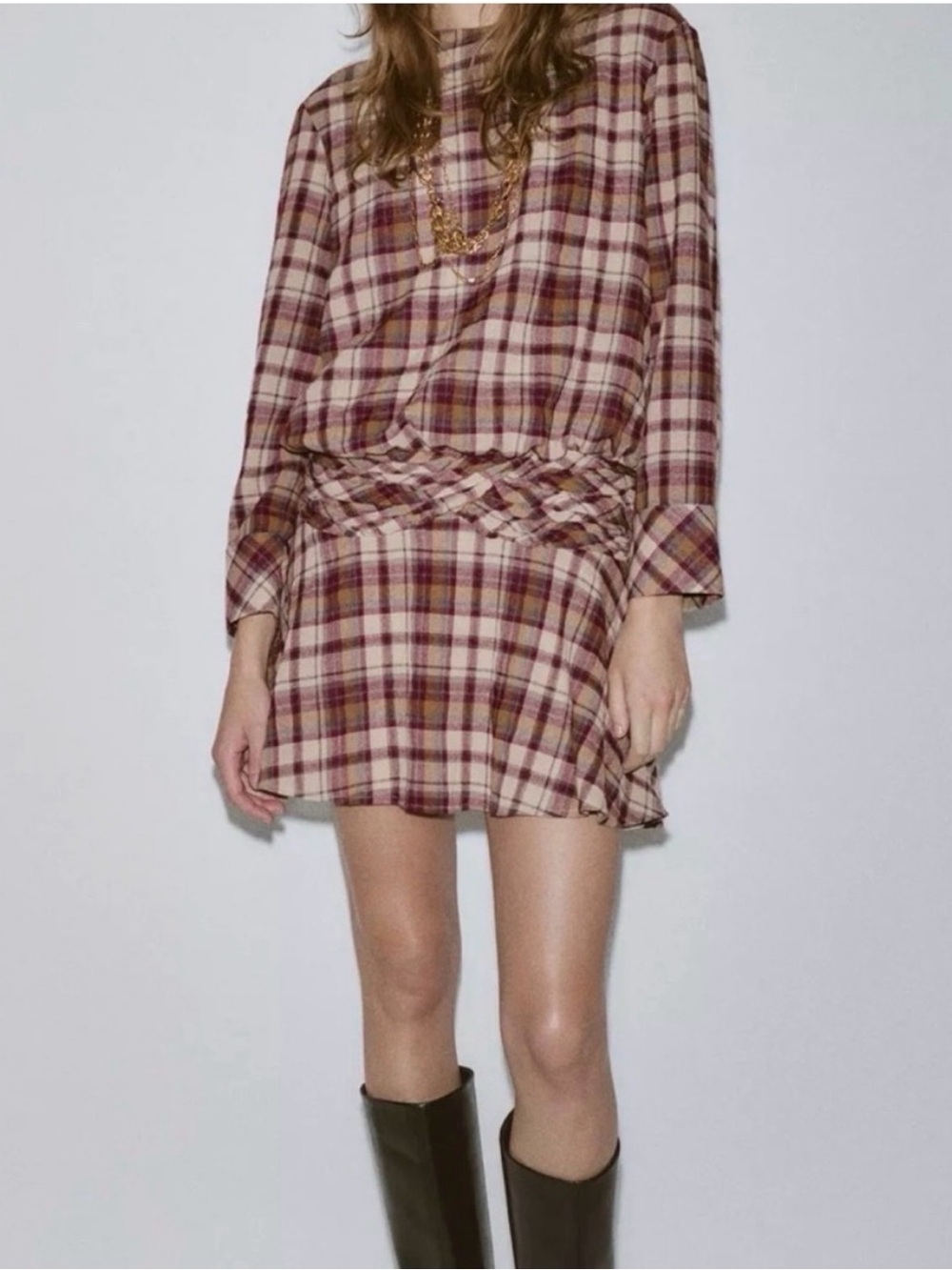 Plaid Long-Sleeve Mini Dress